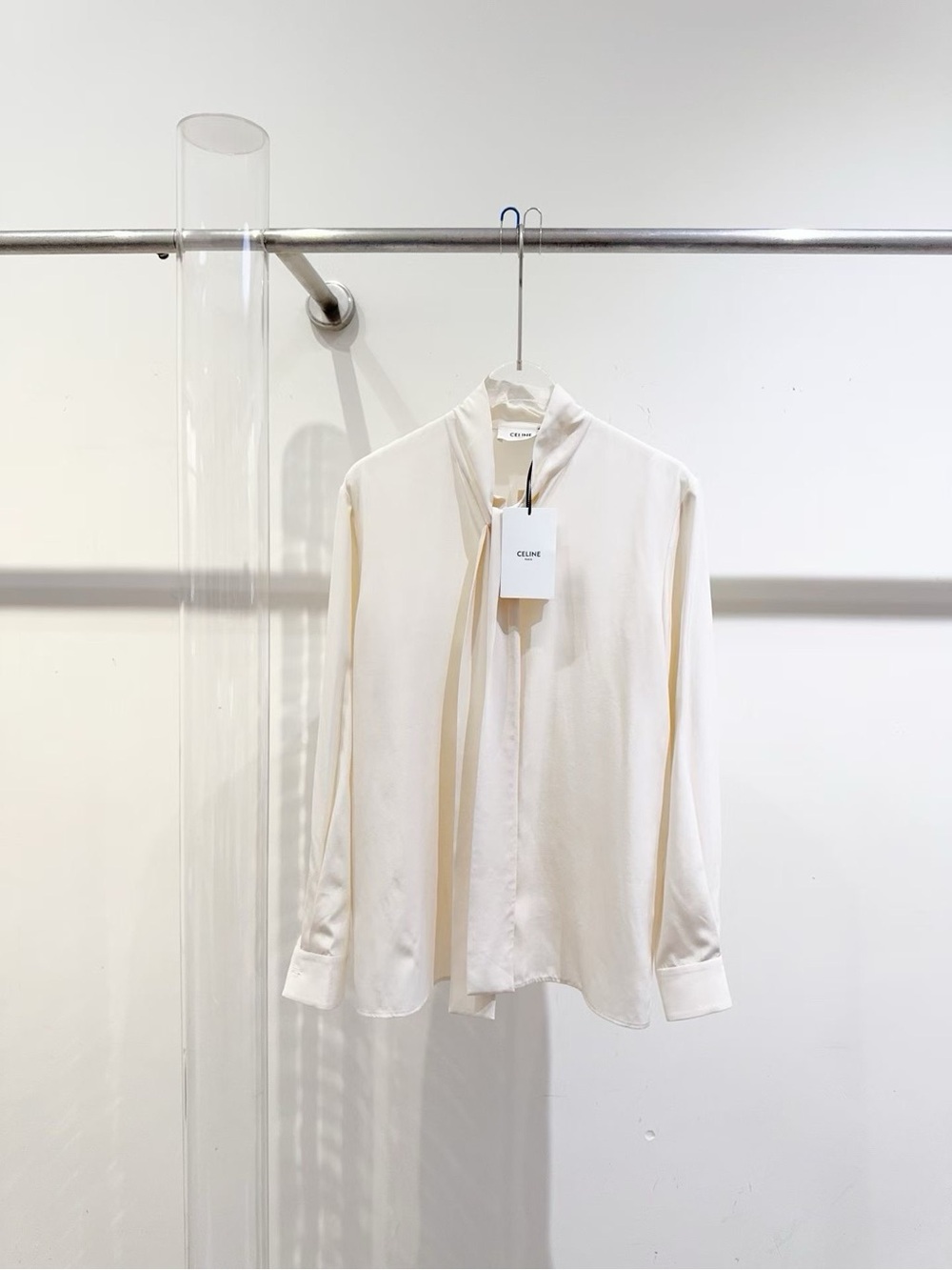 🚩steal Celine Cream Tie-Neck Long Sleeve Dress Shirt